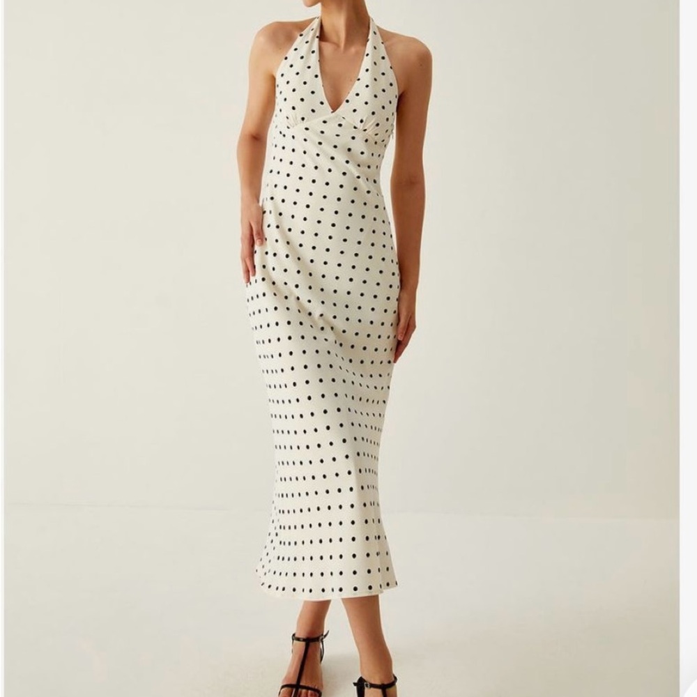 Elegant White Polka Dot Halter Dress